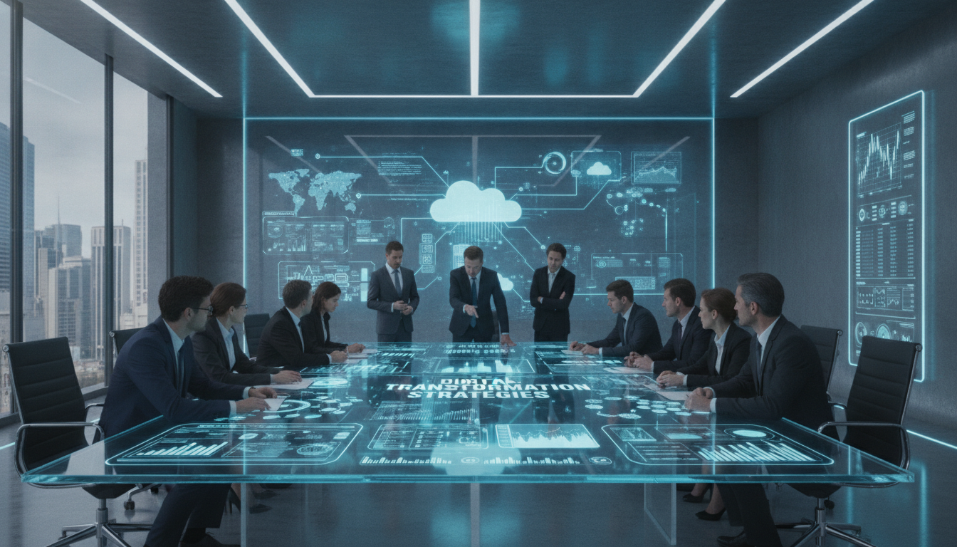 Futuristic corporate technology operations management war-room architecture blueprint