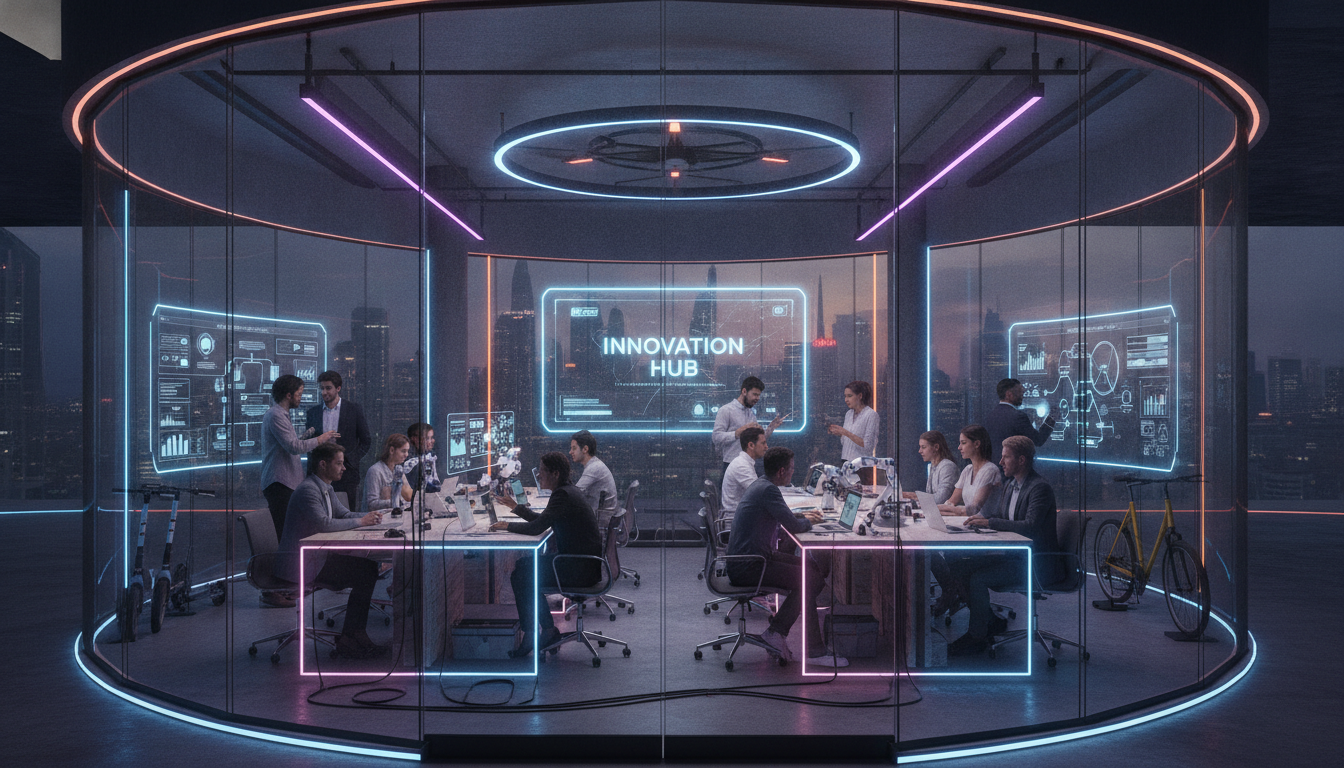 Next-generation high tech digital startup business ecosystem hub control center interface layout mockup